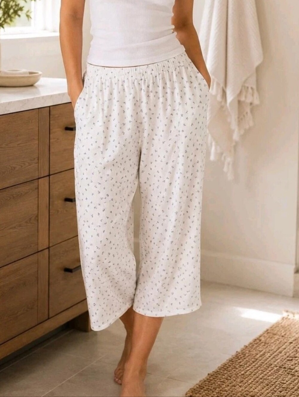 Summersalt Floral Pointelle Cropped Wide Leg Pajama Pants Cottagecore Women's M
